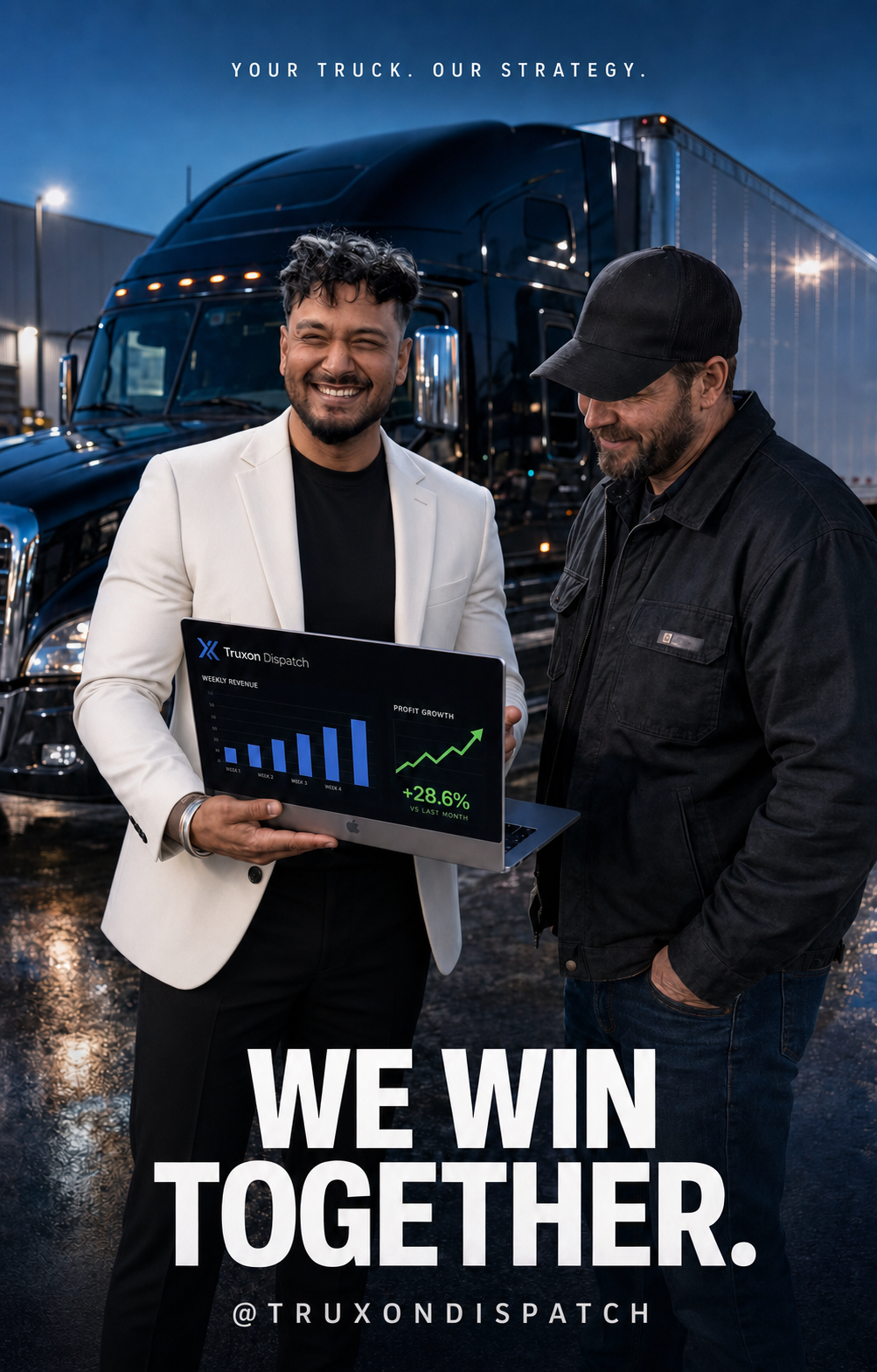 Truxon Dispatch partnership graphic beside a black dry-van truck